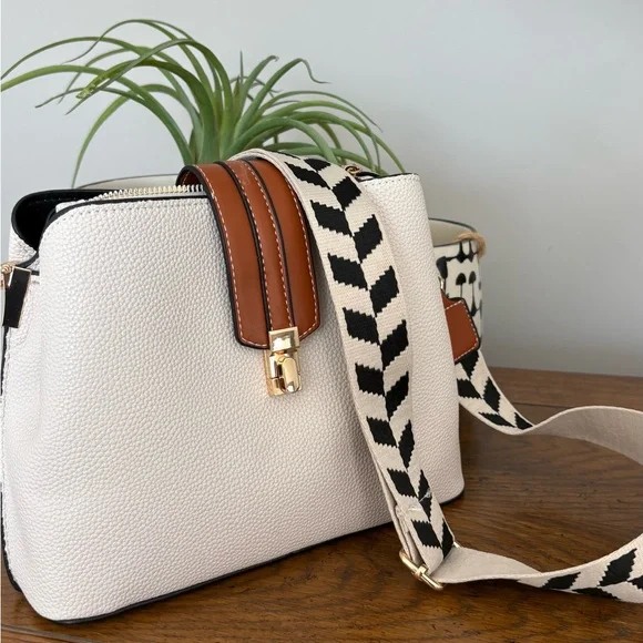 Elegant White and Brown Shoulder Bag with geometric strap - Picture 13 of 14